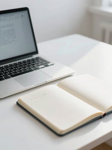 A bright, clean study desk with a laptop open, a notebook with tidy handwriting, soft natural morning light, 35mm photography
