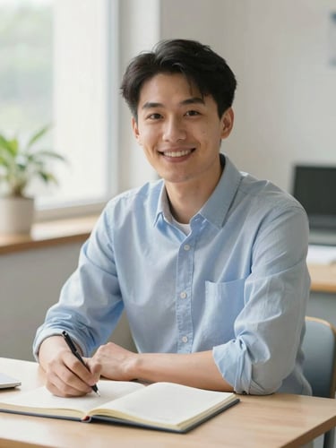 A warm, bright portrait of a professional tutor smiling next to a clean study desk with notebooks, soft natural daylight, shallow depth of field, 35mm