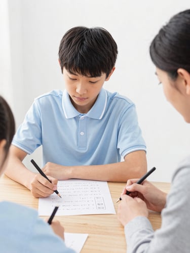 Over-the-shoulder shot of a professional tutor guiding a high school student through a math problem on a clean wooden desk, bright editorial photography, soft natural daylight, clean blue and white tones, 35mm