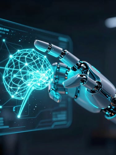 Macro shot of a glowing cyan and neon blue robotic hand interacting with a holographic neural network interface, dark ambient studio background, cinematic depth of field