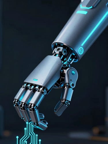 Macro shot of a robotic joint and high-contrast circuitry, low-key ambient dark studio lighting with sharp cyan highlights, cinematic depth of field