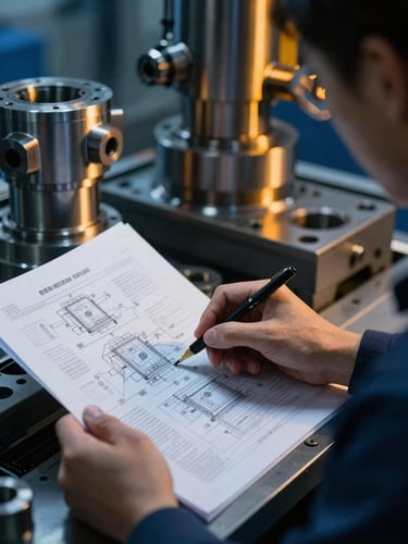 Close-up of an industrial engineer analyzing technical schematics next to high-precision CNC machined parts, dramatic amber highlights, cool blue background