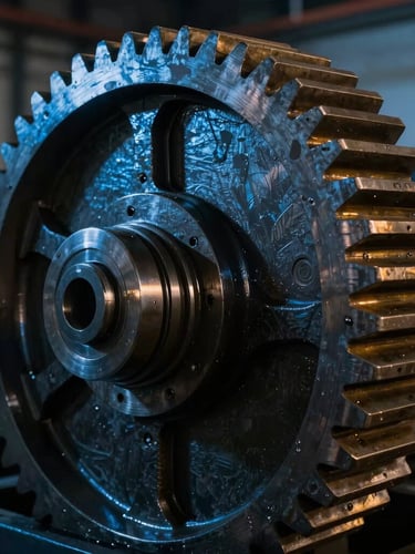 Dramatic industrial photography, high-contrast cool blue and amber light, sharp focus on a large heavy-duty metallic gear assembly, 50mm lens