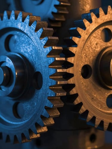Close-up of high-precision metallic gears with dramatic industrial lighting, deep blue ambient shadows and sharp orange reflections, 50mm lens