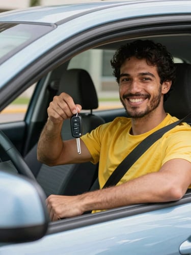 A smiling Brazilian driver holding car keys inside a clean vehicle, bright natural daylight, happy and relieved expression, sharp focus