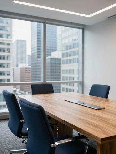 Bright modern boardroom in downtown Toronto with floor-to-ceiling windows showing city skyscrapers, warm oak table, navy blue chairs, clean professional lighting