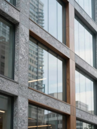 A professional, bright architectural crop of a modern law office in downtown Toronto, clean glass walls, natural window light, cool slate tones, shallow depth of field