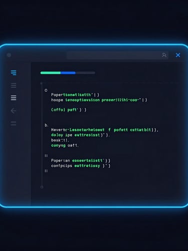 Straight-on crisp digital mockup of a technical blog interface on a dark screen, glowing electric blue borders, minimalist code snippet on the side, high-contrast studio lighting