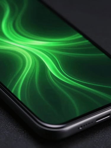 Macro close-up of a high-end Android flagship screen displaying a fluid, neon green vector animation under low-key dramatic studio lighting, 50mm lens