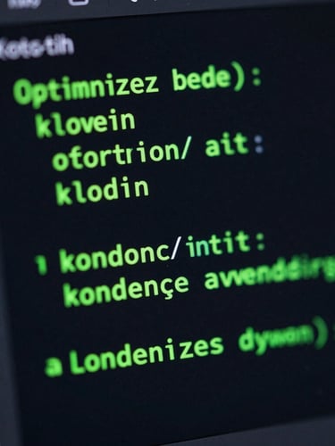 Macro close-up of a dark IDE screen showing optimized Kotlin code with neon green syntax highlighting, dramatic studio lighting