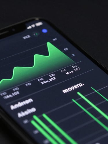 Sleek dark-mode tech photography of high-end Android flagship screen showing complex real-time performance graphs, deep charcoal background with vibrant neon green accent lines, 50mm lens, macro detail