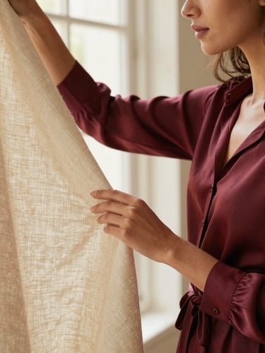 Elegant American Christian woman, Lays Pereira, in a silk blouse, gently touching a fine linen fabric, soft natural window light, rich tactile textures, warm tones, 35mm