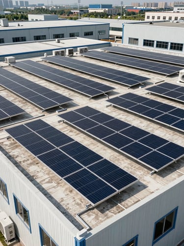 Wide environmental shot of a commercial rooftop solar array installed on a flat industrial building, rows of dark panels visible in bright midday daylight, HVAC units and parapet edge in frame, system fully in production