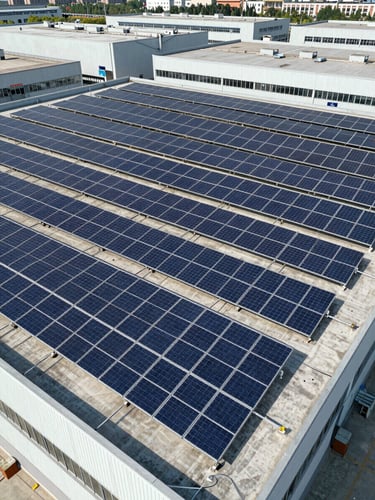 Wide environmental shot of a large commercial rooftop solar array in bright midday daylight, rows of dark blue panels covering a flat industrial building roof, urban warehouse district visible in background, aerial framing showing full system scale