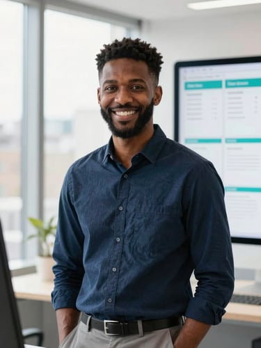 Professional portrait of Vincent Emhiomonre in a bright, modern London workspace, natural daylight, over-the-shoulder angle with a clean digital kanban board visible on screen, navy and teal accents