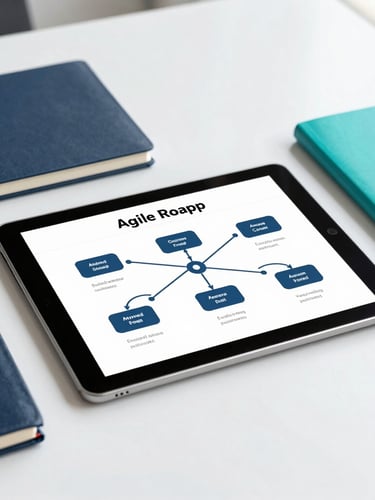 A clean flat-lay of a digital tablet displaying an agile roadmap next to a notebook, navy and teal accents, bright office daylight.
