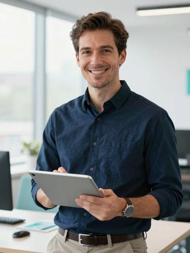 Professional portrait of Vincent in a bright modern workspace, natural daylight, navy and teal accents, holding a digital tablet with agile roadmap, shallow depth of field