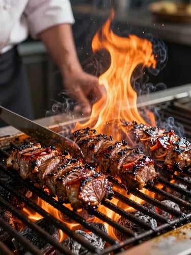 Dynamic close-up of a chef searing juicy Lomo Flambeado with active flames on a grill, dramatic warm firelight highlights, rich charcoal background, professional catering setup