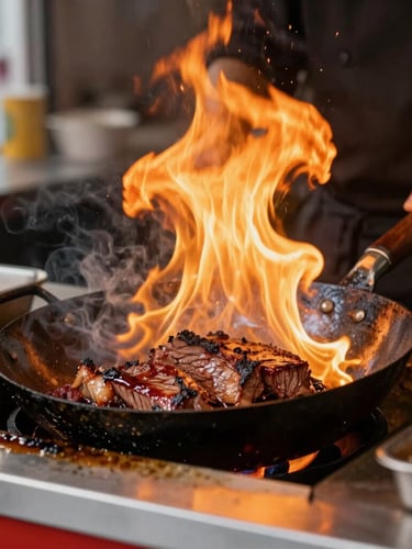 Dynamic close-up of a chef searing premium beef with active, high-heat flames rising from a wok on a food truck counter, warm firelight highlights, dramatic food photography, shallow depth of field
