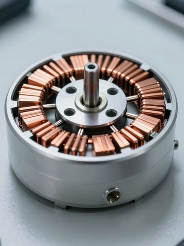 Macro extreme close-up of a high-tech brushless hub motor opened on a clean workbench, copper stator windings exposed, cool bright clinical lighting, sharp shadows.