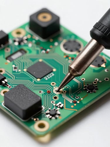 Macro close-up of a high-tech electric scooter controller circuit board, bright cold workshop lighting, soldering iron tip placing a precise solder joint, high contrast, technical atmosphere