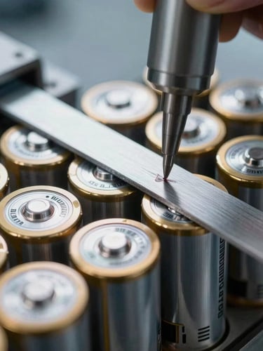 Macro close-up of spot-welding machine joining pure nickel strips onto cylindrical lithium-ion battery cells, bright cool workshop lighting, high contrast shadows