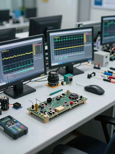 A clean, organized workbench in an electronics repair shop, diagnostic screens displaying voltage graphs in electric volt yellow, precision tools aligned, cold technical lighting
