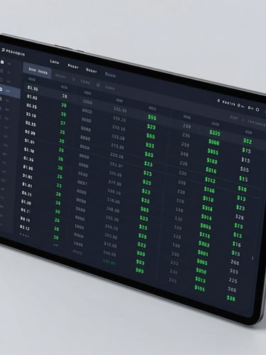 Sleek UI photography of a dark-mode dashboard displaying a real-time stock control grid with neon green status indicators, orthographic crop, crisp terminal glow.