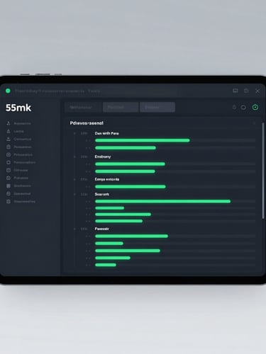 Sleek UI photography, cool dark-mode terminal glow, sharp high-fidelity database schema visualization with glowing green status lines, 50mm, orthographic crop