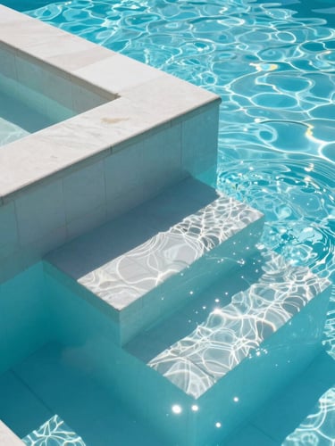 Crisp architectural photography of newly finished pool steps underwater, bright midday sunlight reflecting on sparkling turquoise water, clean lines, sharp focus, 35mm lens.