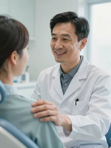 Warm editorial portrait of a dentist gently placing a hand on a patient's shoulder, smiling in conversation, soft natural window light, 35mm