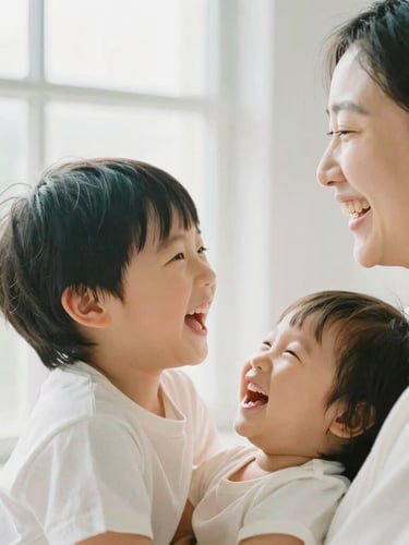 Warm editorial photography of a mother and child laughing together in a bright, sunlit room, soft natural window light, shallow depth of field, 35mm