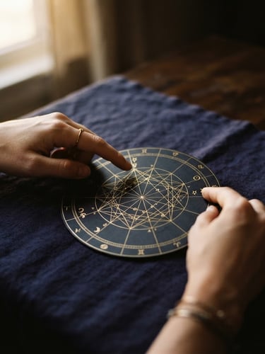 Close-up of hands analyzing a minimalist golden natal chart on a dark indigo surface, soft golden-hour window light, shallow depth of field, 35mm