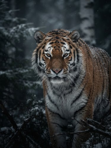 Dramatic low-key portrait of a Siberian tiger in a misty snow forest, telephoto lens, deep dark tones, ultra-sharp detail.
