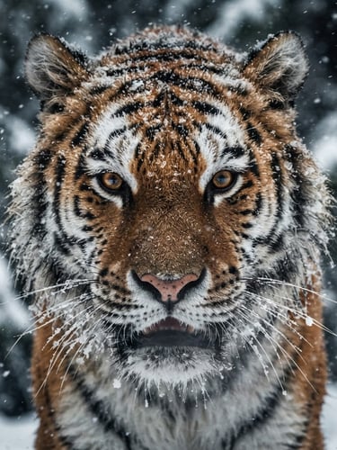 Extreme close-up of a wild Siberian tiger in a snowstorm, moody natural light, high-contrast, ultra-sharp detail of frozen fur, professional telephoto lens.