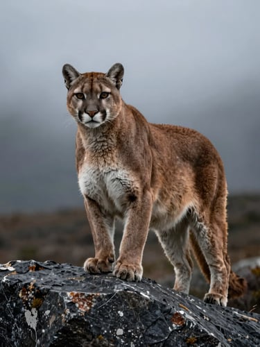 A wild puma perched on a dark granite rock in Patagonia, misty overcast lighting, deep rich tones, sharp focus on the animal's intense gaze.