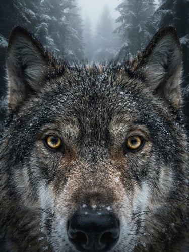 Extreme close-up of a wild wolf's eyes in a misty winter forest, dramatic backlighting, ultra-sharp detail, professional telephoto lens