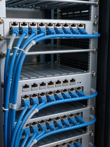 Close-up of a perfectly organized server rack with clean blue and gray ethernet cable management, industrial lighting, sharp focus