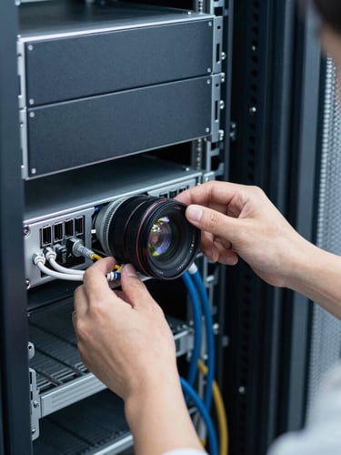 A close-up shot of an engineer inspecting structured cabling inside a server rack, clean natural daylight, cool navy tones, sharp focus, 35mm lens.