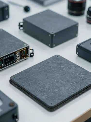 Crisp industrial photography of a clean workstation with diagnostic tools and neatly aligned hardware components, cool slate gray tones