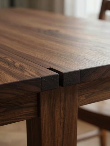 Tight macro shot of a mortise-and-tenon joint on a dark walnut dining table, side-lighting highlighting the interlocking wood fibers, shallow depth of field, 35mm