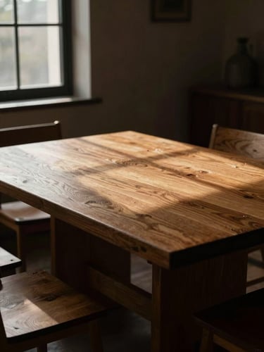 High-contrast editorial photograph of a massive square oak dining table in a sun-drenched architectural space, low-key side window light, deep shadows, 35mm