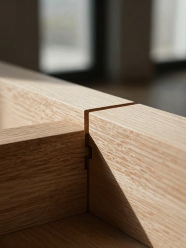 Tight macro crop of an interlocking mortise-and-tenon joint in rich white oak, low-key side window light, deep shadows, shallow depth of field, 35mm