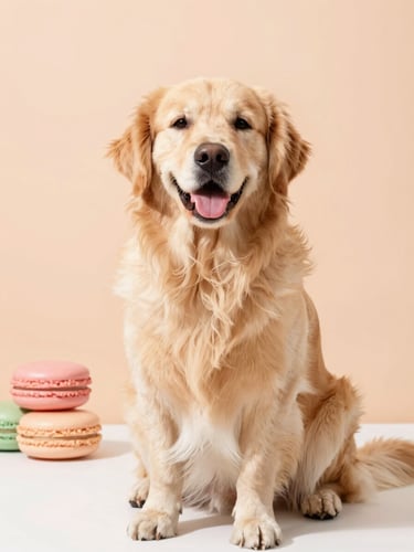A happy fluffy golden retriever sitting calmly against a soft peach background, warm morning daylight, shallow depth of field, high-key editorial pet photography