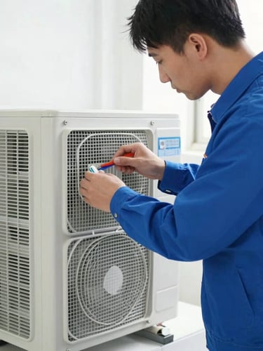 Medium shot of a professional technician in a clean blue uniform servicing an indoor AC split unit, bright natural indoor lighting