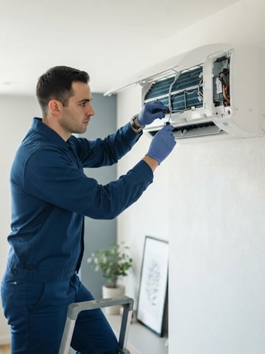 A professional technician in a clean blue uniform servicing a modern split AC unit on a white wall, bright natural indoor light, cool slate tones, sharp focus