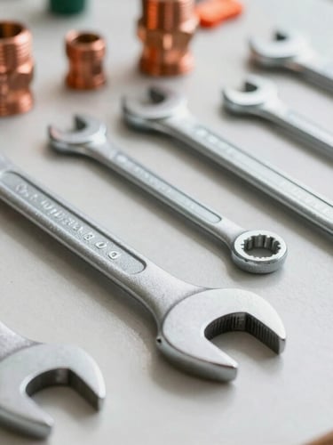 Crisp editorial close-up of professional plumbing tools laid out neatly on a clean workbench, bright natural daylight, sharp focus on metallic wrenches and copper fittings