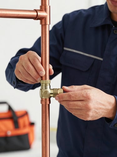 Crisp editorial photo of a professional technician in a clean navy uniform adjusting a copper pipe join under bright daylight, safety orange tool bag visible in background.