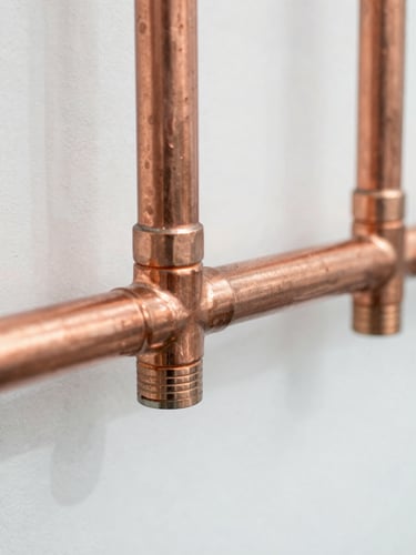 Close-up of clean copper pipe joins in a bright, well-lit utility room, sharp focus, 35mm lens
