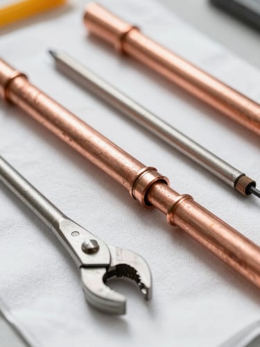 Close-up of clean copper pipe joins newly soldered, professional tools laid out neatly on a clean drop cloth in bright natural light.